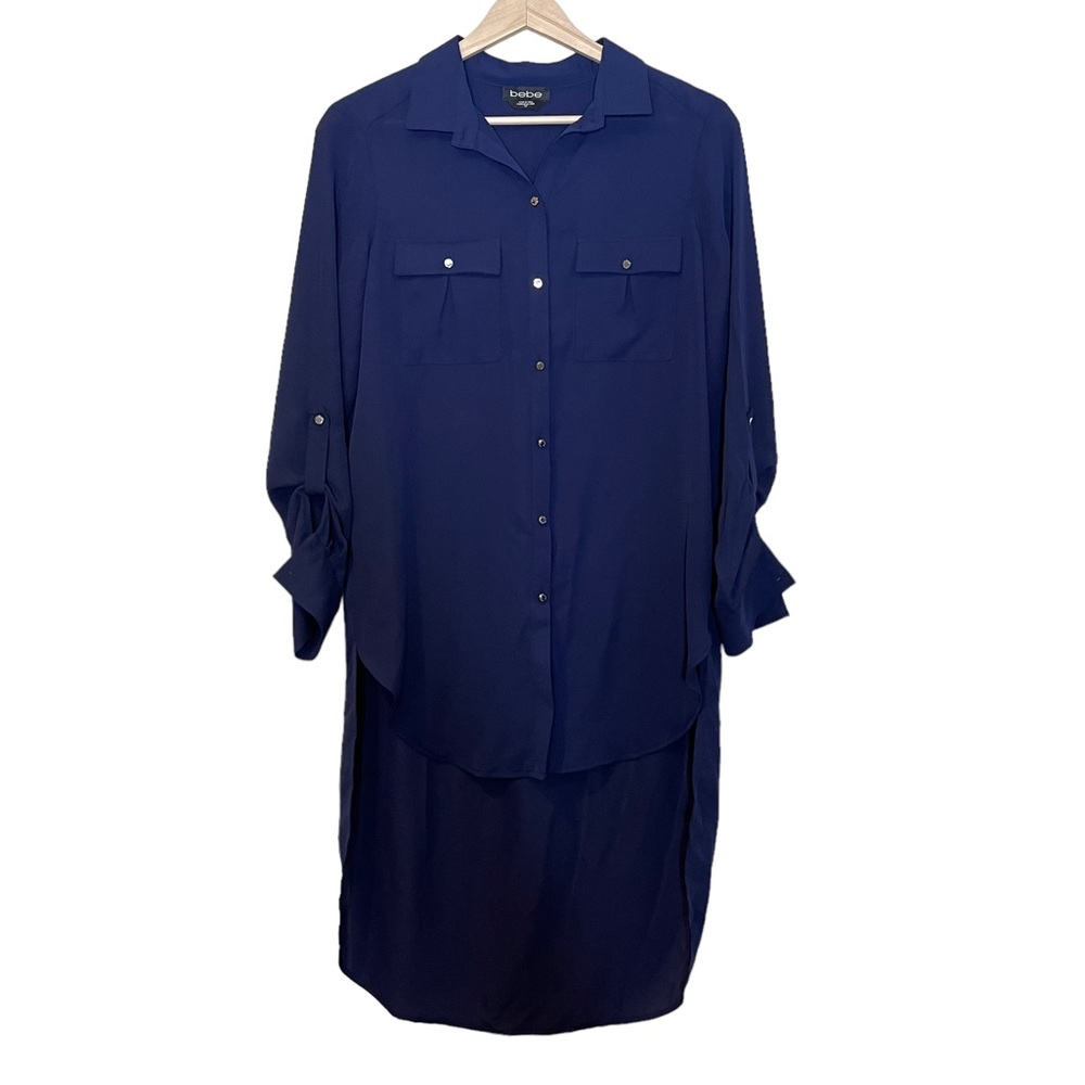 Bebe Womens High Low Hem Button Front Chiffon Long Blouse Dress Navy Blue Size S